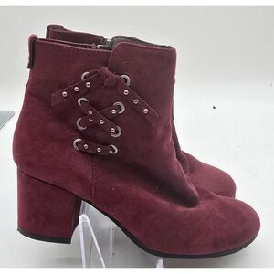 Wine Red Suede Ankle Boots With Chunky Heel & Side Zipper Sz 7.5